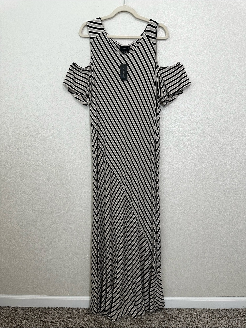 NWT Lane Bryant Black White Striped Jersey Cold Shoulder Maxi Dress, Size 18/20